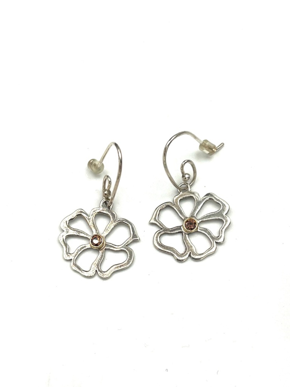 Pandora Retired Floral Drop Earrings Sterling Silver, 14K Gold Pink Stone Accent